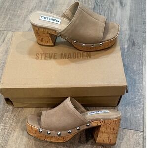 Steve Madden Celiah Tan Suede Cork Platform Mules Studded Clog Sandals Womens 6